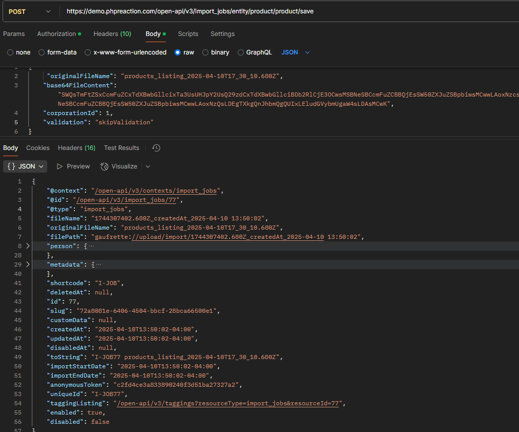 Create import job request and response