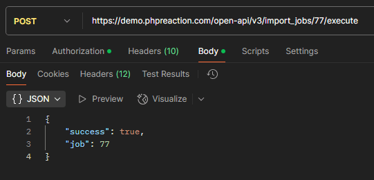 Execute import job request and response
