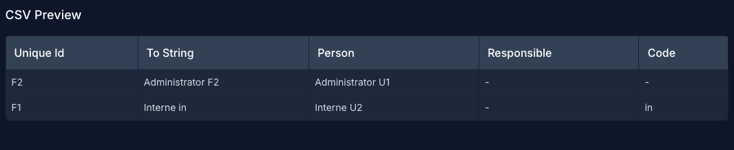 ImportTable CSV preview