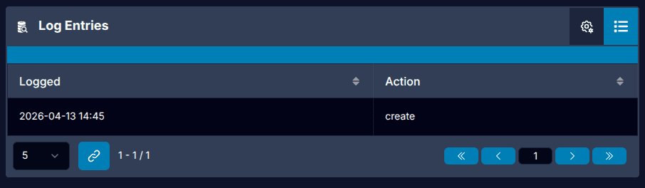 Expanded Log Entries sidebox showing date and action rows, with no Add button