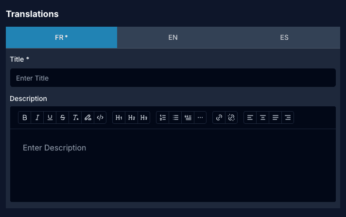 Translatable entity modal showing FR / EN / ES tabs with the French title required