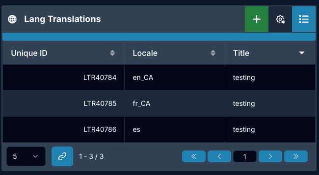 Expanded translations sidebox on a detail page with the add, advance-options, and listing actions