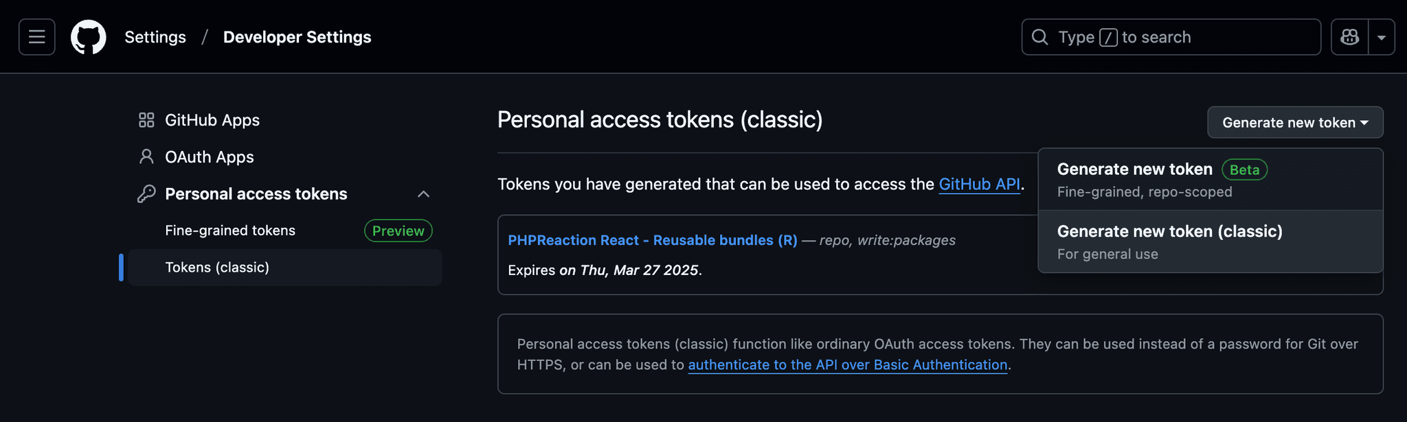 Github developer settings page to generate token