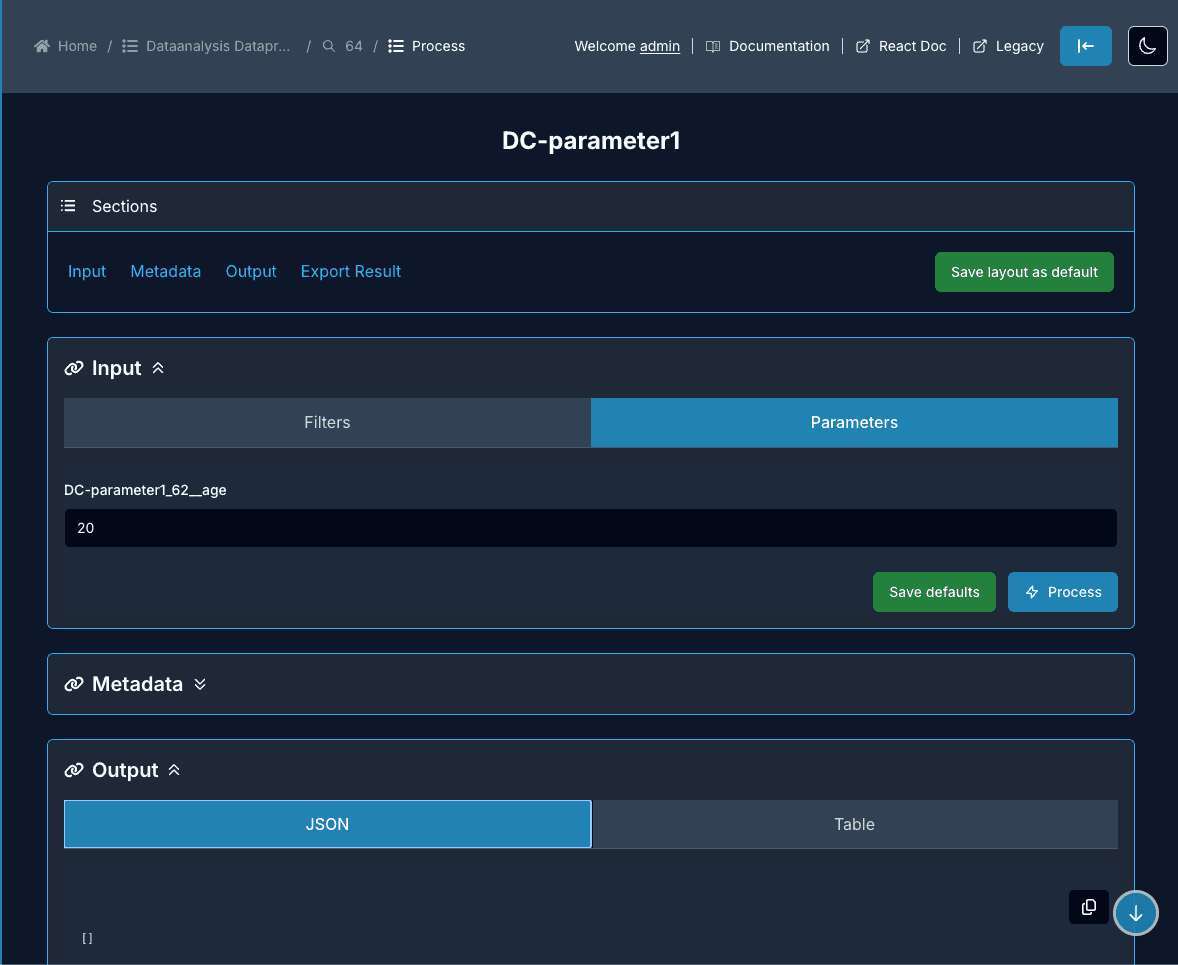 The process metadata request and its JSON response, with the parameters of the collector and their default values