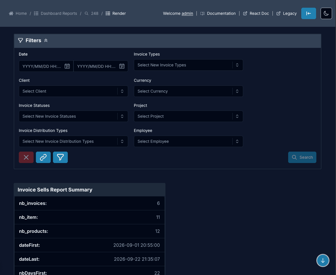 Report Render page with the filters panel on top and a listing widget below