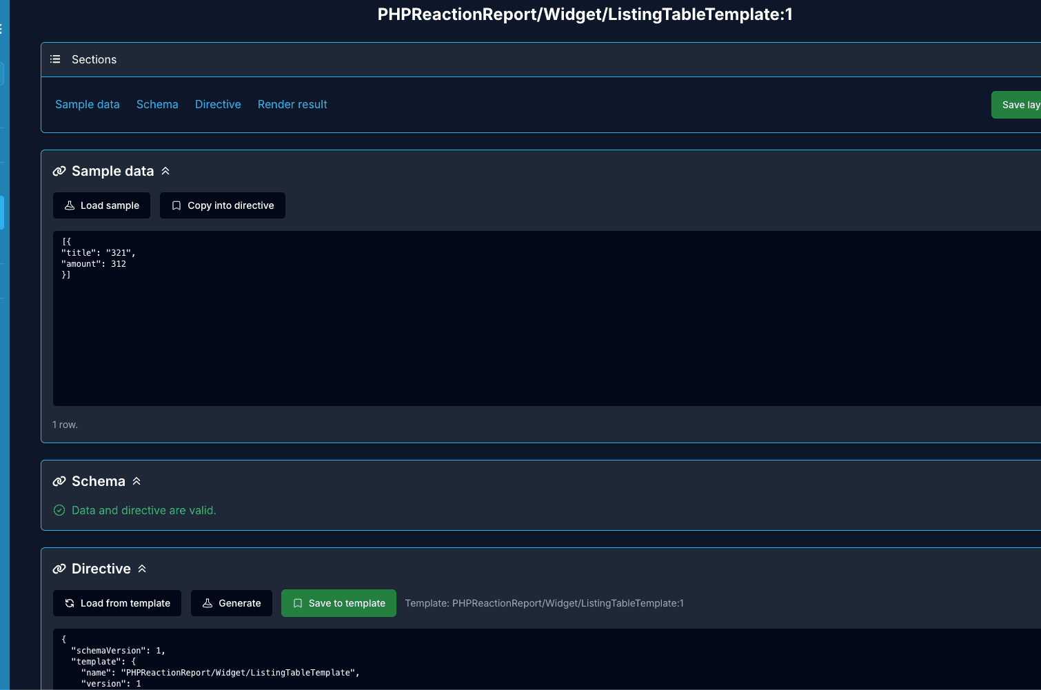 Template Render page with the Sample data, Schema and Directive sections and the Save to template button