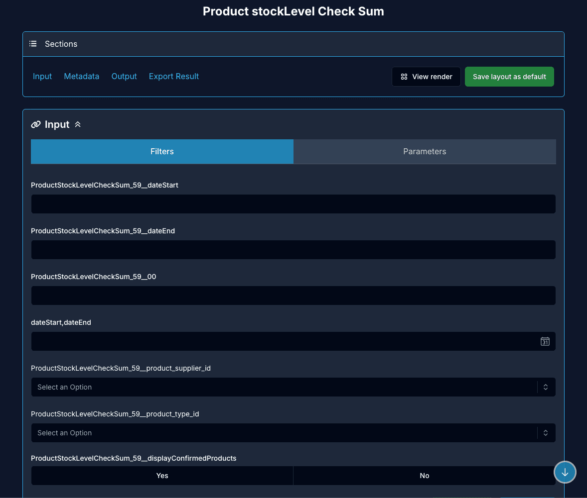 Widget Filter page with the Input section open on the Filters tab, one field per filter of the collector