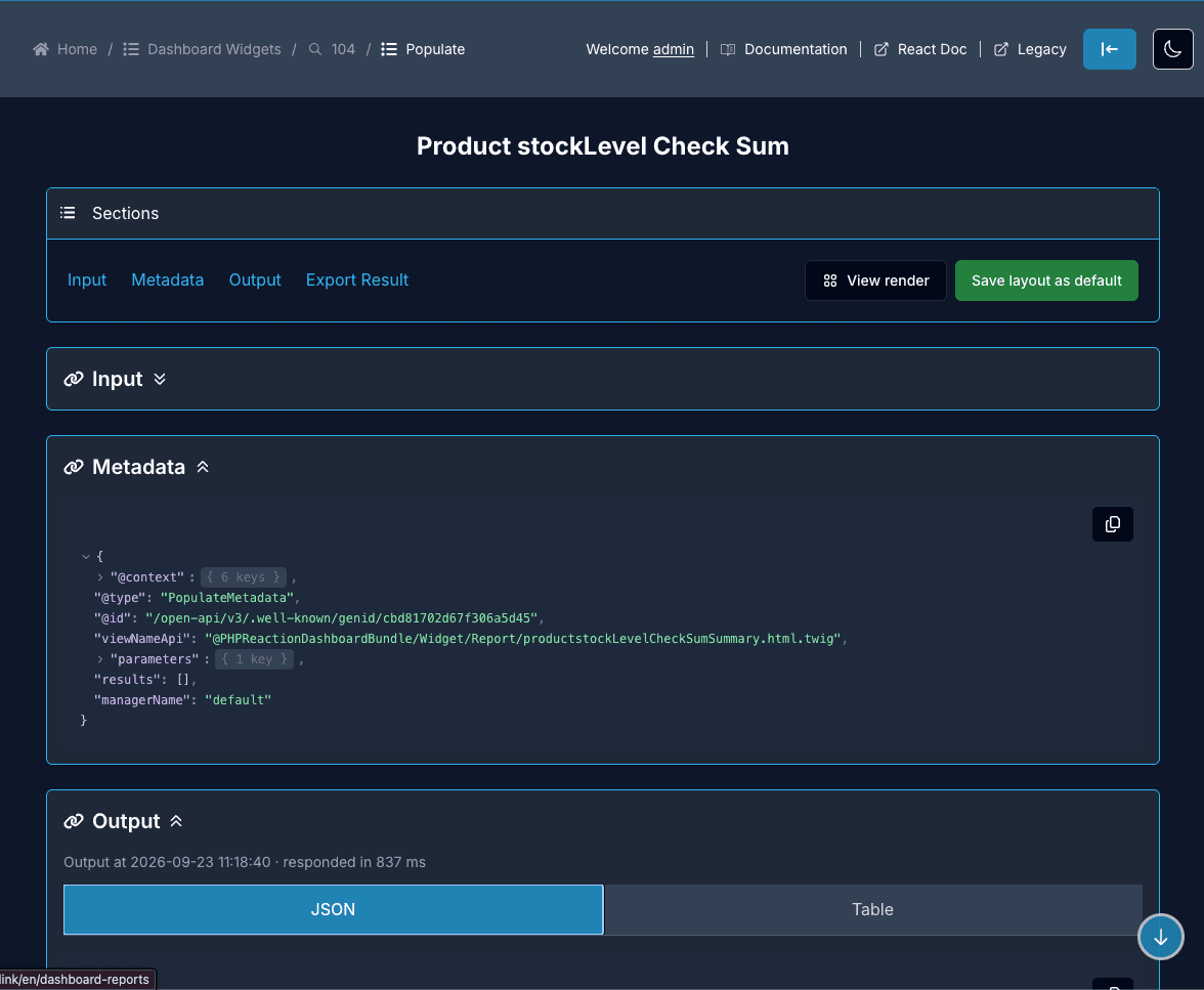 Widget Populate page with the Metadata section showing the viewNameApi and the parameters, and the Output section in JSON