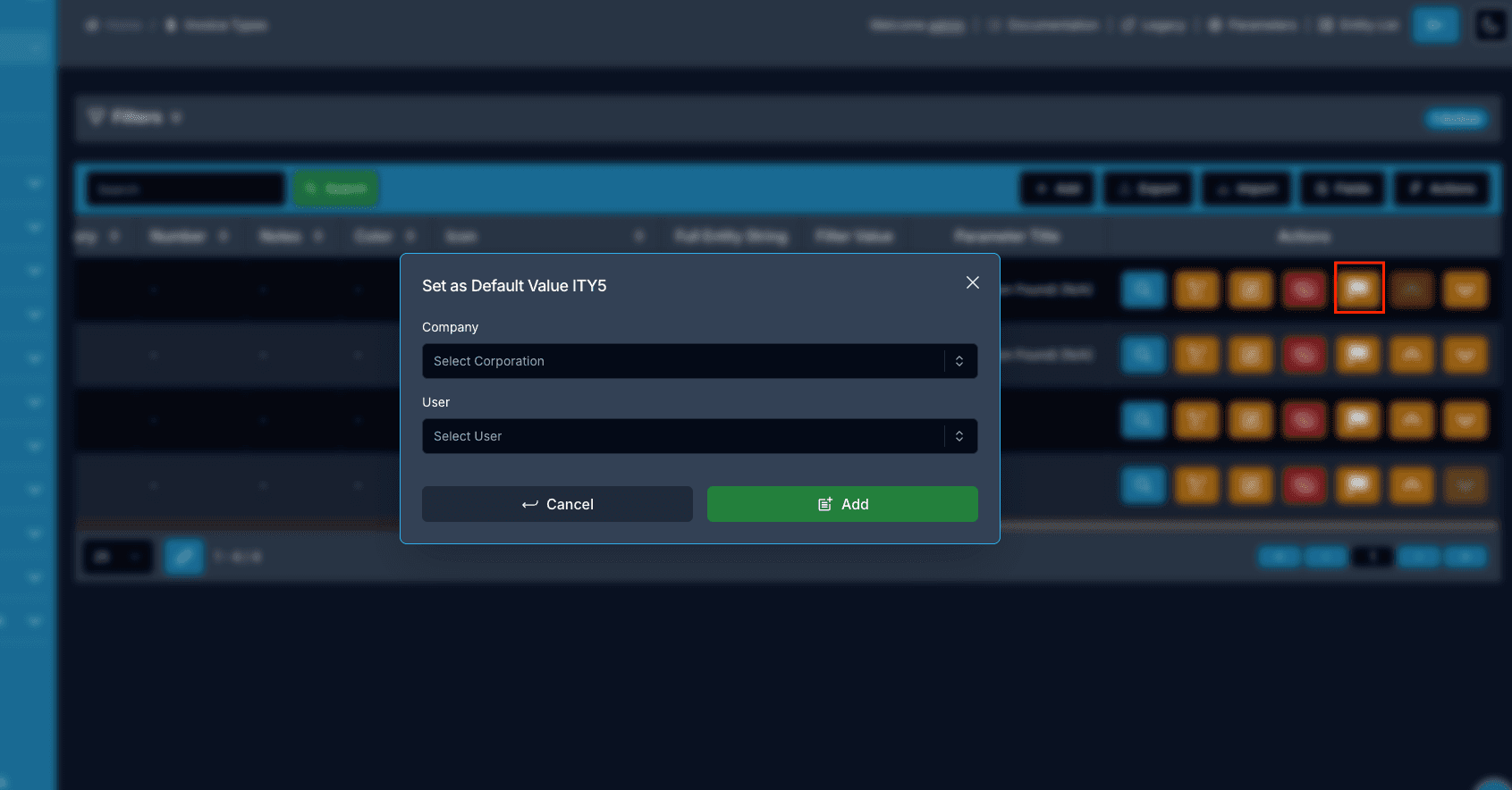 Set as Default Value modal with a Company (Select Corporation) and a User (Select User) dropdown, opened from the highlighted row action