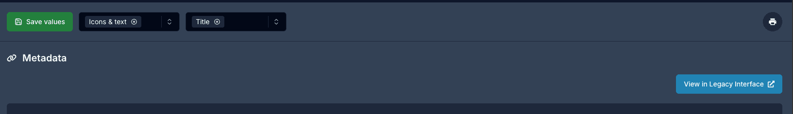 Form footer with the green Save values button next to the Icons & text and Title selectors