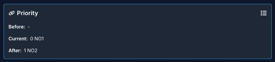 General details showing priority before, current, and after values with the listing link icon