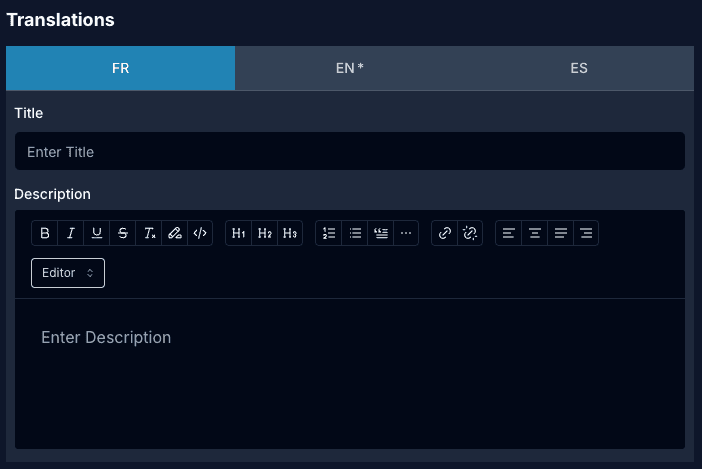 Translations section of the invoice type add form: FR, EN and ES tabs with a Title input and a rich text Description editor