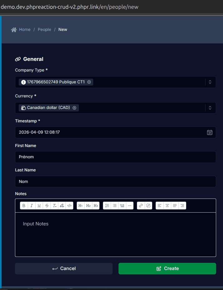 Create a person in CRUD v2