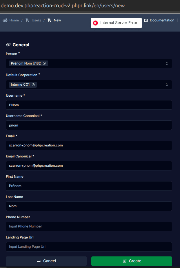 Create a user in CRUD v2